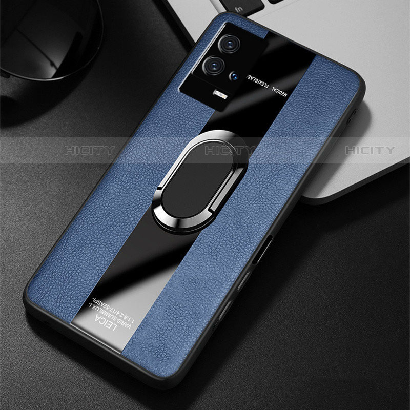 Coque Silicone Gel Motif Cuir Housse Etui avec Support Bague Anneau Aimante Magnetique S02 pour Vivo iQOO 8 5G Bleu Plus