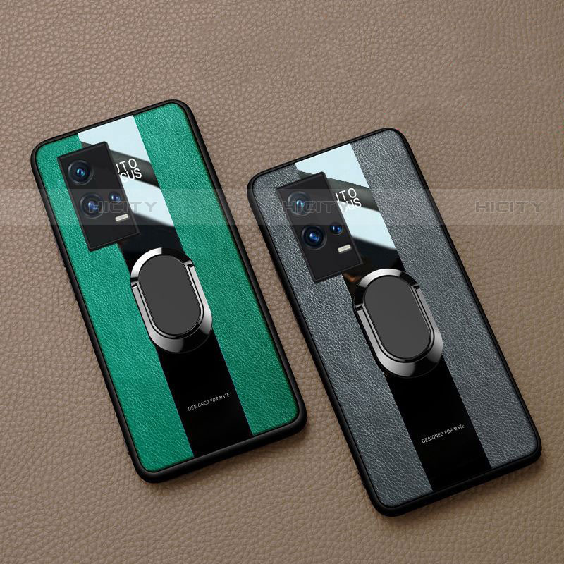 Coque Silicone Gel Motif Cuir Housse Etui avec Support Bague Anneau Aimante Magnetique S02 pour Vivo iQOO 8 Pro 5G Plus