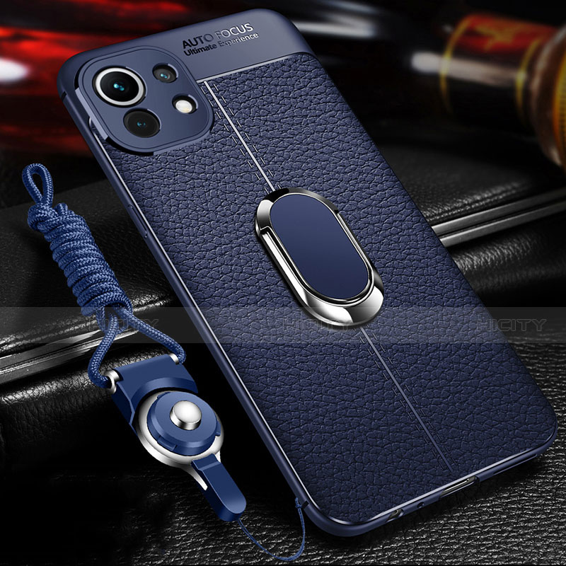 Coque Silicone Gel Motif Cuir Housse Etui avec Support Bague Anneau Aimante Magnetique S02 pour Xiaomi Mi 11 5G Bleu Plus