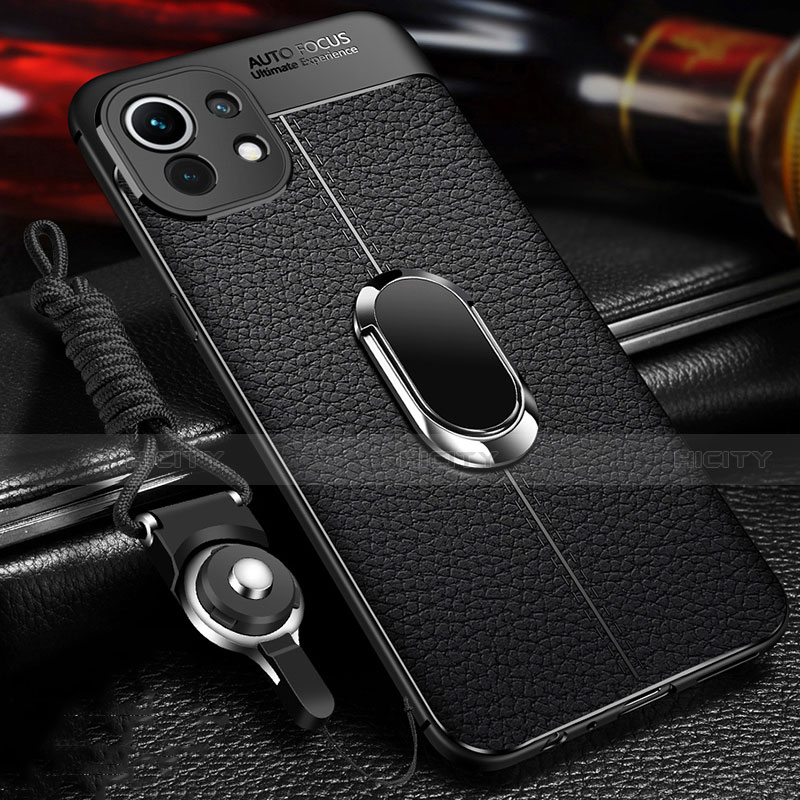 Coque Silicone Gel Motif Cuir Housse Etui avec Support Bague Anneau Aimante Magnetique S02 pour Xiaomi Mi 11 Lite 5G NE Noir Plus