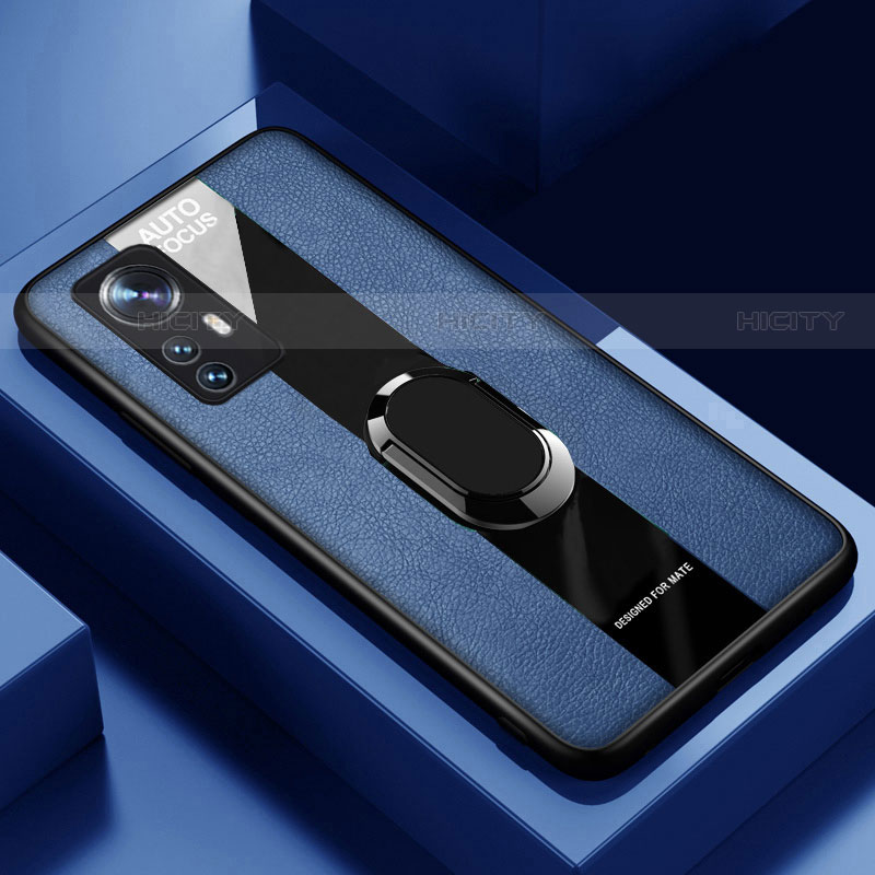 Coque Silicone Gel Motif Cuir Housse Etui avec Support Bague Anneau Aimante Magnetique S02 pour Xiaomi Mi 12 Pro 5G Bleu Plus