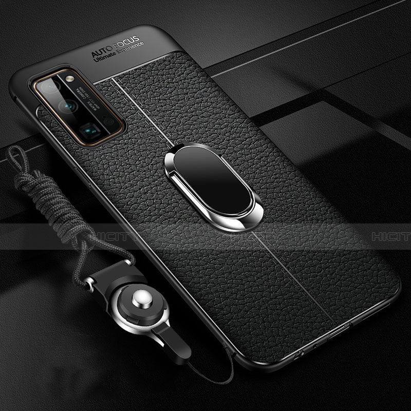 Coque Silicone Gel Motif Cuir Housse Etui avec Support Bague Anneau Aimante Magnetique S03 pour Huawei Honor 30 Pro Noir Plus