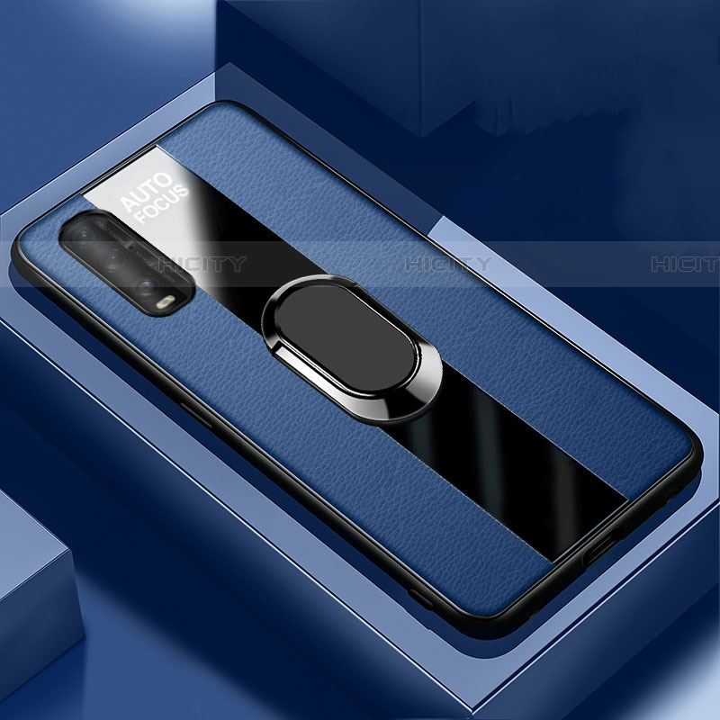 Coque Silicone Gel Motif Cuir Housse Etui avec Support Bague Anneau Aimante Magnetique S03 pour Oppo Find X2 Bleu Plus