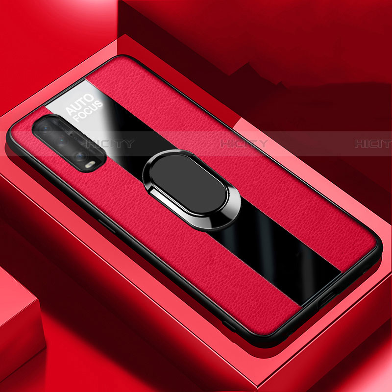 Coque Silicone Gel Motif Cuir Housse Etui avec Support Bague Anneau Aimante Magnetique S03 pour Oppo Find X2 Rouge Plus