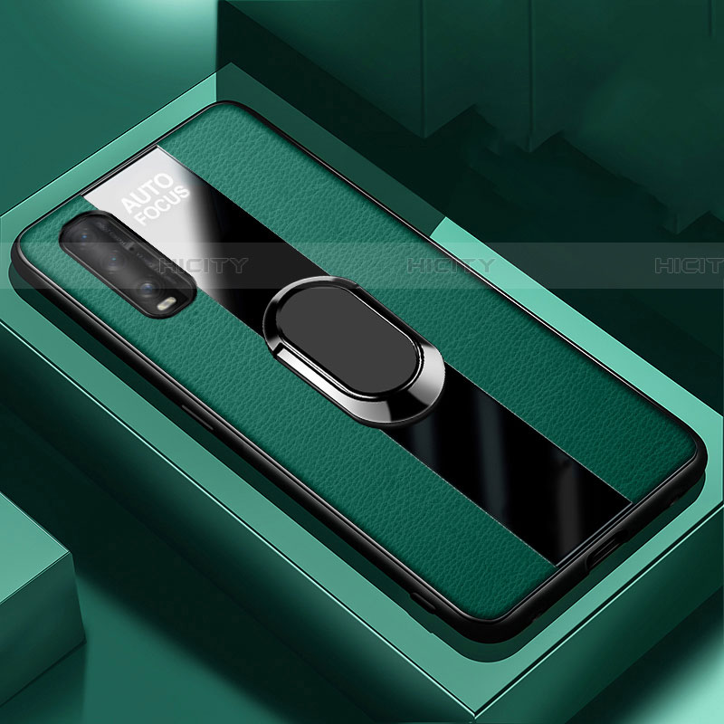 Coque Silicone Gel Motif Cuir Housse Etui avec Support Bague Anneau Aimante Magnetique S03 pour Oppo Find X2 Vert Plus