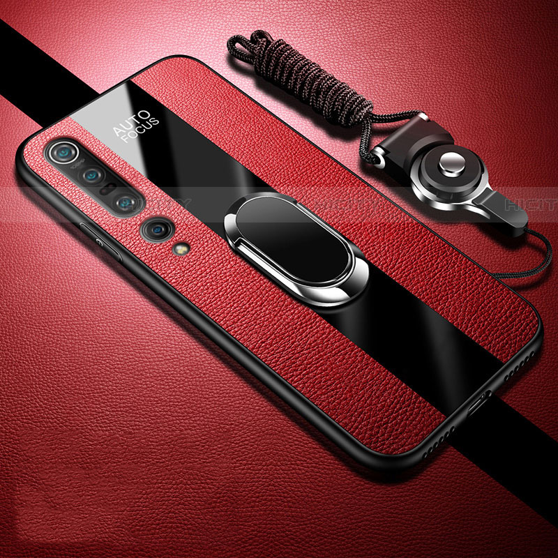 Coque Silicone Gel Motif Cuir Housse Etui avec Support Bague Anneau Aimante Magnetique S03 pour Xiaomi Mi 10 Pro Rouge Plus