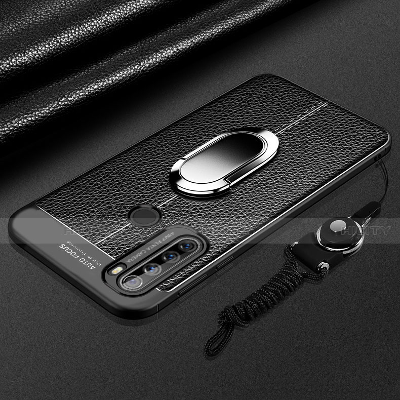 Coque Silicone Gel Motif Cuir Housse Etui avec Support Bague Anneau Aimante Magnetique S03 pour Xiaomi Redmi Note 8 (2021) Noir Plus