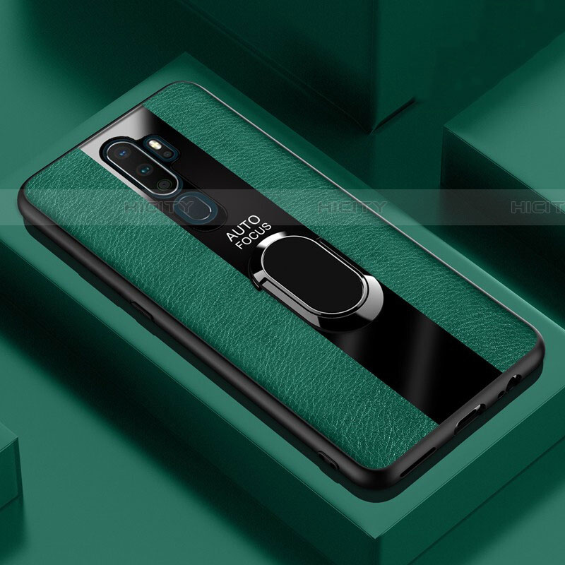 Coque Silicone Gel Motif Cuir Housse Etui avec Support Bague Anneau Aimante Magnetique S04 pour Oppo A11X Vert Plus