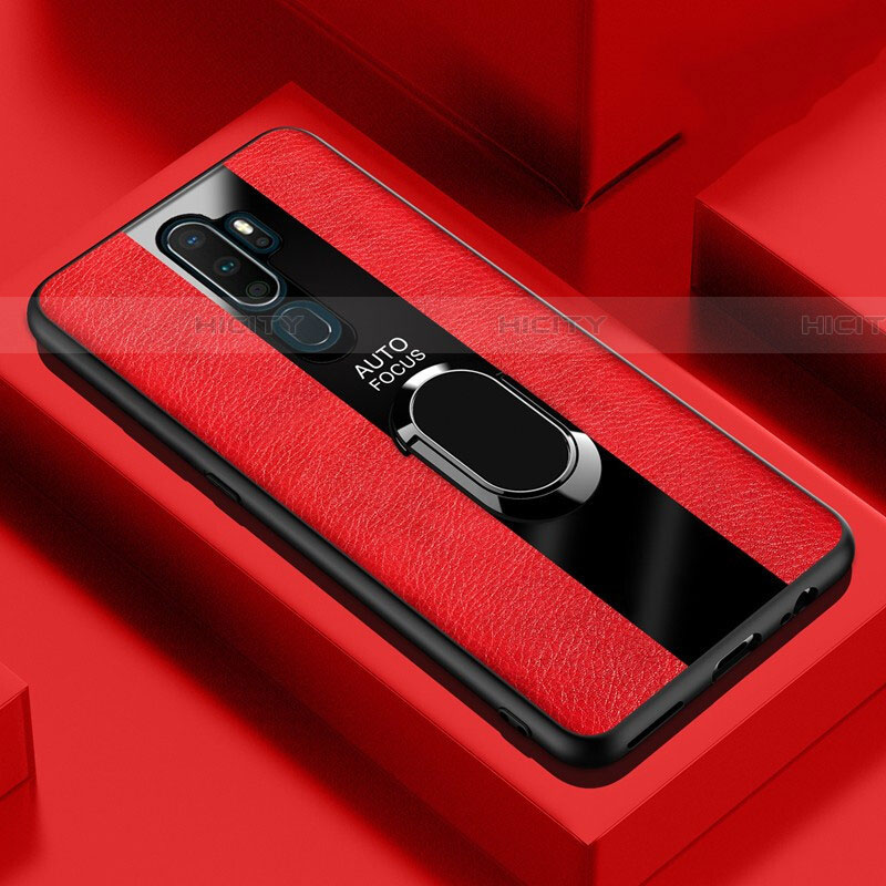 Coque Silicone Gel Motif Cuir Housse Etui avec Support Bague Anneau Aimante Magnetique S04 pour Oppo A9 (2020) Rouge Plus