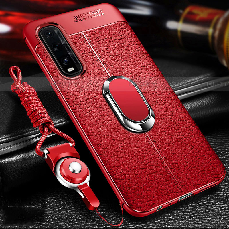 Coque Silicone Gel Motif Cuir Housse Etui avec Support Bague Anneau Aimante Magnetique S04 pour Oppo Find X2 Rouge Plus