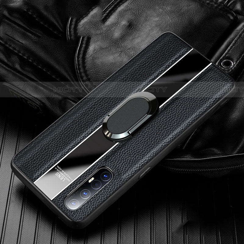 Coque Silicone Gel Motif Cuir Housse Etui avec Support Bague Anneau Aimante Magnetique S04 pour Oppo Reno3 Pro Noir Plus