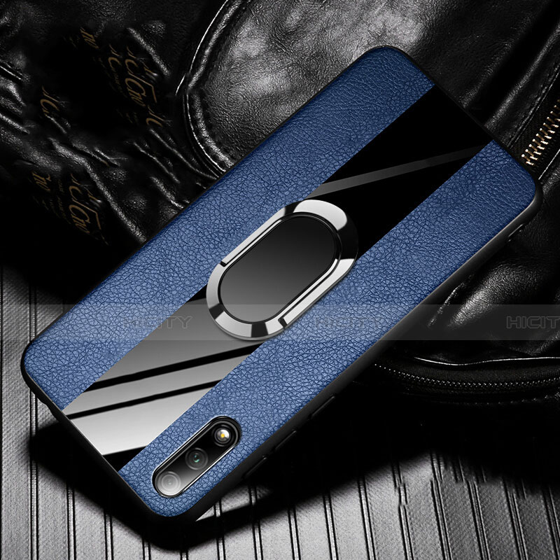 Coque Silicone Gel Motif Cuir Housse Etui avec Support Bague Anneau Aimante Magnetique S06 pour Huawei Honor 9X Bleu Plus