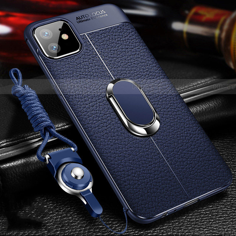 Coque Silicone Gel Motif Cuir Housse Etui avec Support Bague Anneau Aimante Magnetique T01 pour Apple iPhone 11 Bleu Plus