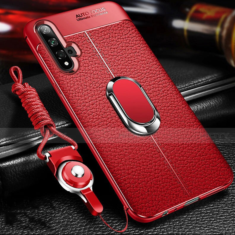 Coque Silicone Gel Motif Cuir Housse Etui avec Support Bague Anneau Aimante Magnetique T01 pour Huawei Honor 20 Rouge Plus