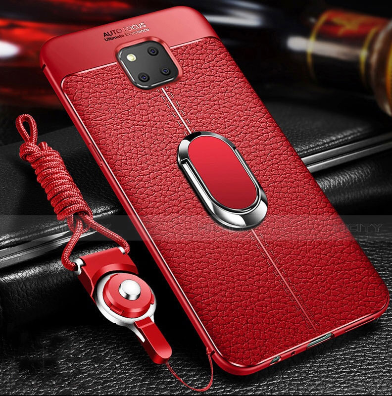 Coque Silicone Gel Motif Cuir Housse Etui avec Support Bague Anneau Aimante Magnetique T01 pour Huawei Mate 20 Pro Rouge Plus