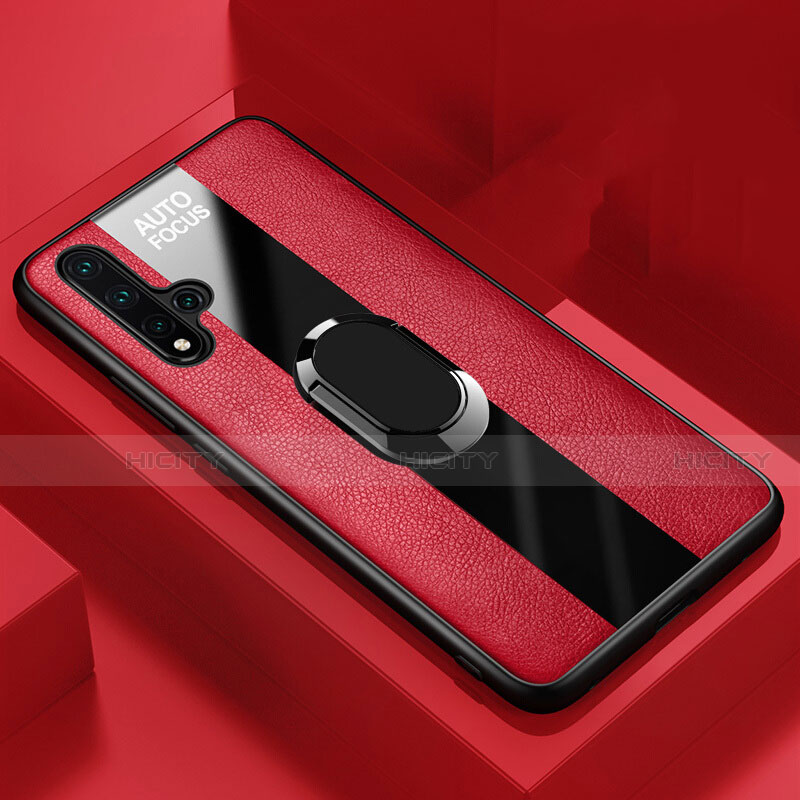 Coque Silicone Gel Motif Cuir Housse Etui avec Support Bague Anneau Aimante Magnetique T01 pour Huawei Nova 5 Pro Rouge Plus