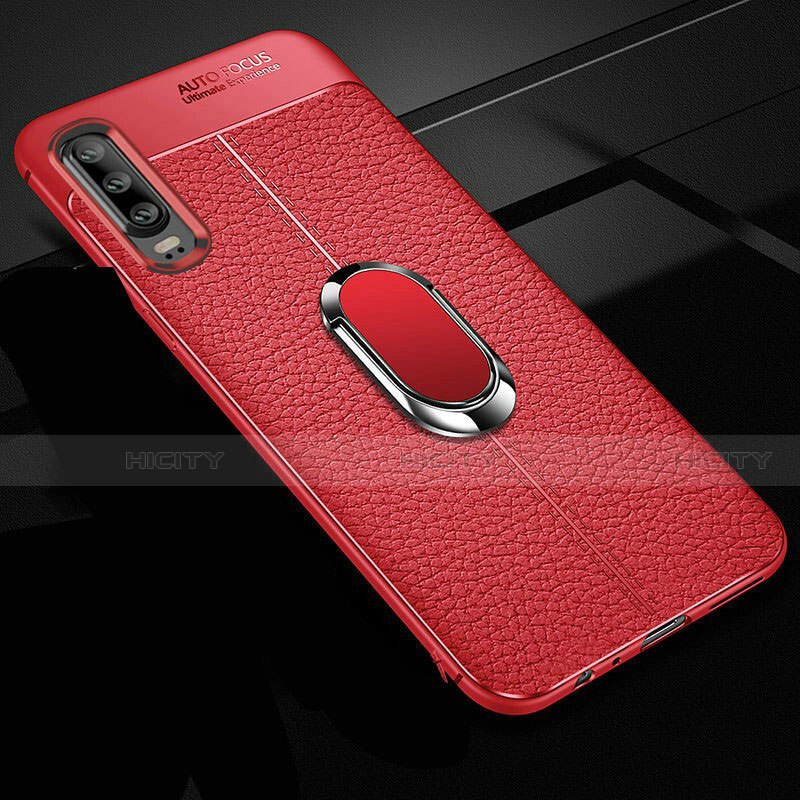 Coque Silicone Gel Motif Cuir Housse Etui avec Support Bague Anneau Aimante Magnetique T01 pour Huawei P30 Rouge Plus