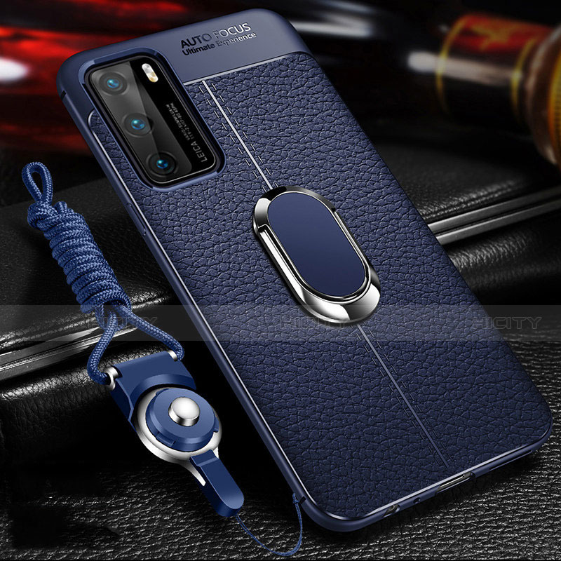 Coque Silicone Gel Motif Cuir Housse Etui avec Support Bague Anneau Aimante Magnetique T01 pour Huawei P40 Bleu Plus