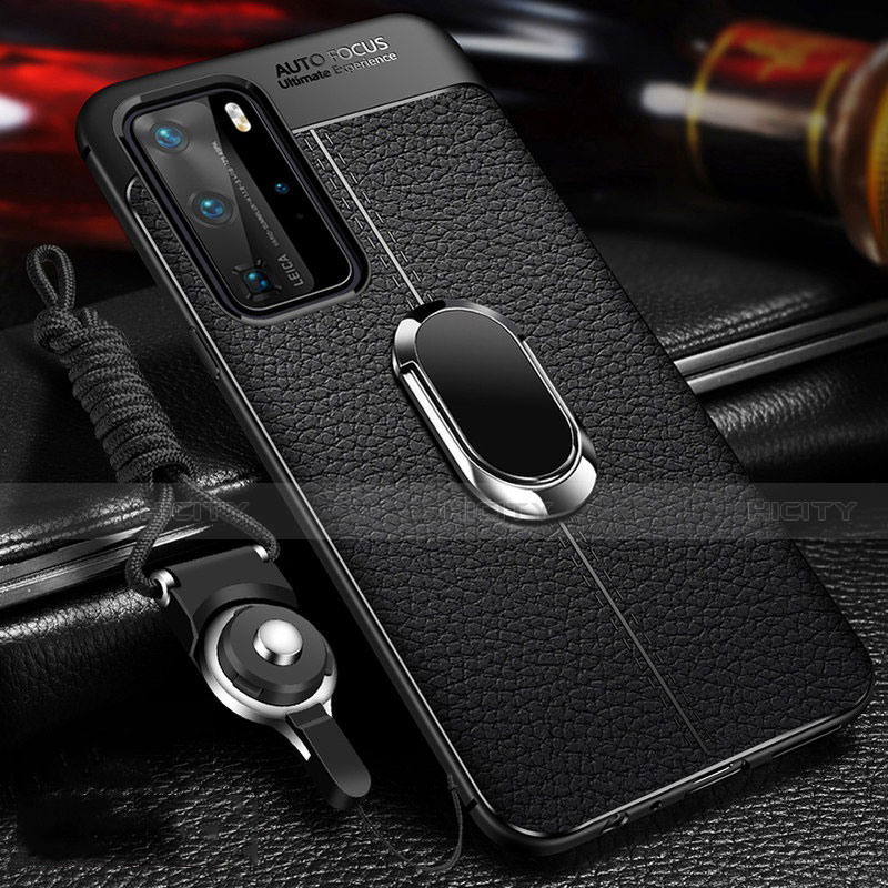 Coque Silicone Gel Motif Cuir Housse Etui avec Support Bague Anneau Aimante Magnetique T01 pour Huawei P40 Pro Noir Plus