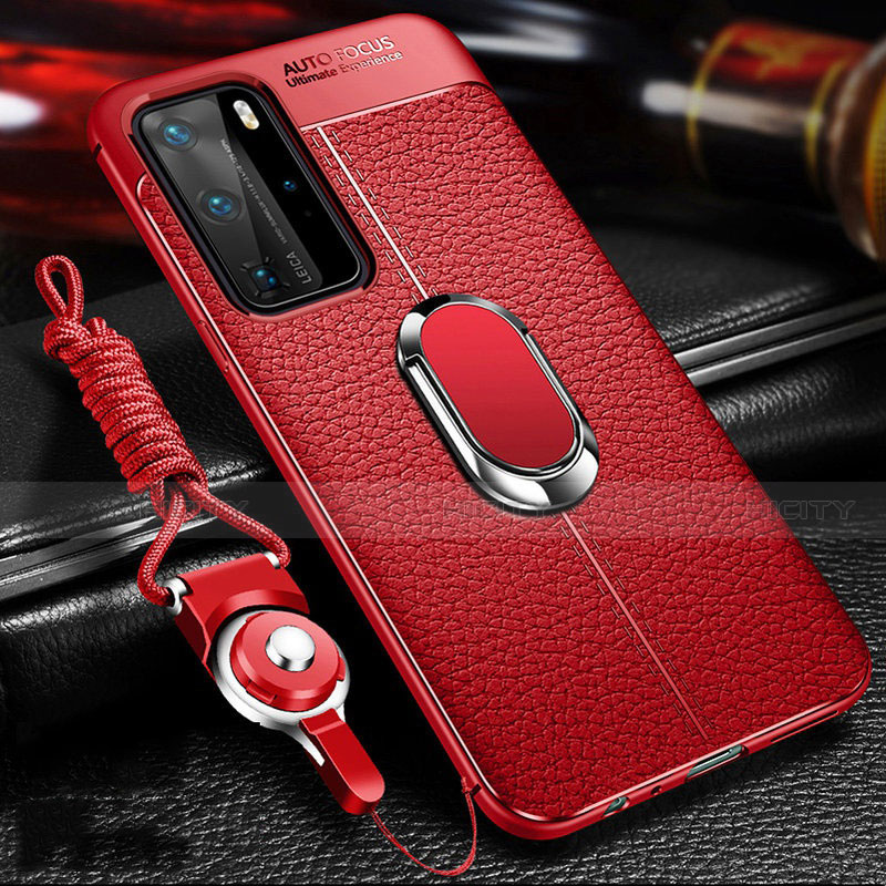 Coque Silicone Gel Motif Cuir Housse Etui avec Support Bague Anneau Aimante Magnetique T01 pour Huawei P40 Pro Plus