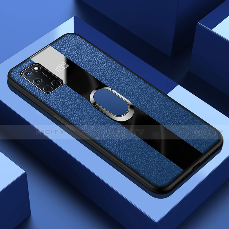 Coque Silicone Gel Motif Cuir Housse Etui avec Support Bague Anneau Aimante Magnetique T01 pour Oppo A72 Bleu Plus