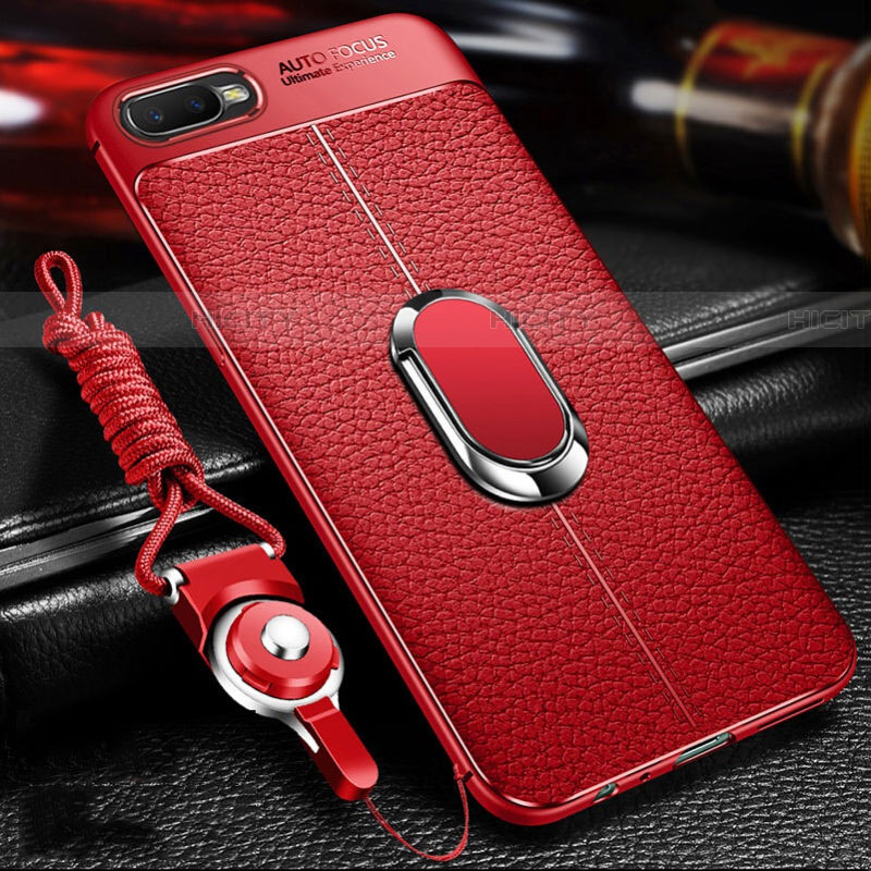 Coque Silicone Gel Motif Cuir Housse Etui avec Support Bague Anneau Aimante Magnetique T01 pour Oppo R17 Neo Rouge Plus