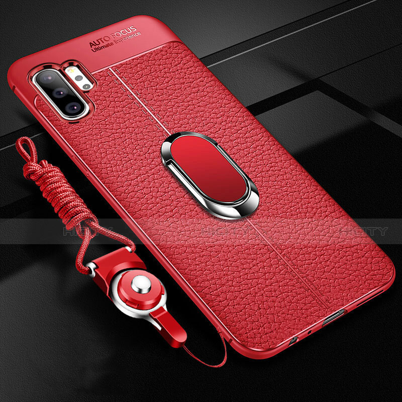 Coque Silicone Gel Motif Cuir Housse Etui avec Support Bague Anneau Aimante Magnetique T01 pour Samsung Galaxy Note 10 Plus 5G Rouge Plus