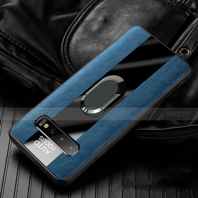 Coque Silicone Gel Motif Cuir Housse Etui avec Support Bague Anneau Aimante Magnetique T01 pour Samsung Galaxy S10 5G Bleu Plus