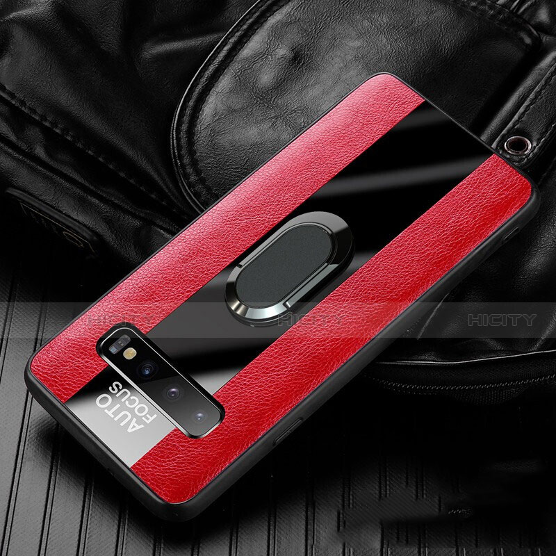 Coque Silicone Gel Motif Cuir Housse Etui avec Support Bague Anneau Aimante Magnetique T01 pour Samsung Galaxy S10 5G Rouge Plus