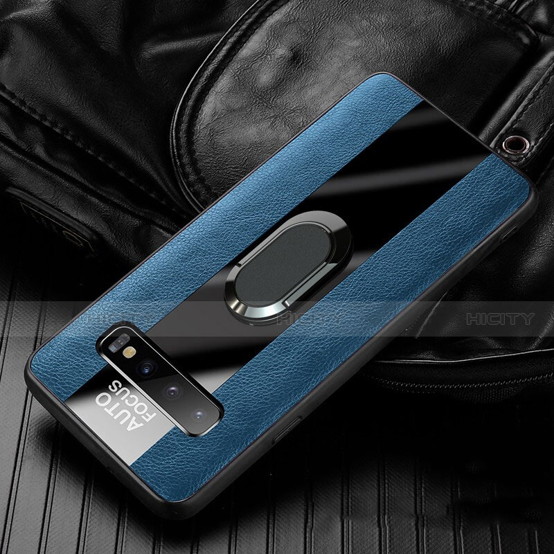 Coque Silicone Gel Motif Cuir Housse Etui avec Support Bague Anneau Aimante Magnetique T01 pour Samsung Galaxy S10 Plus Bleu Plus