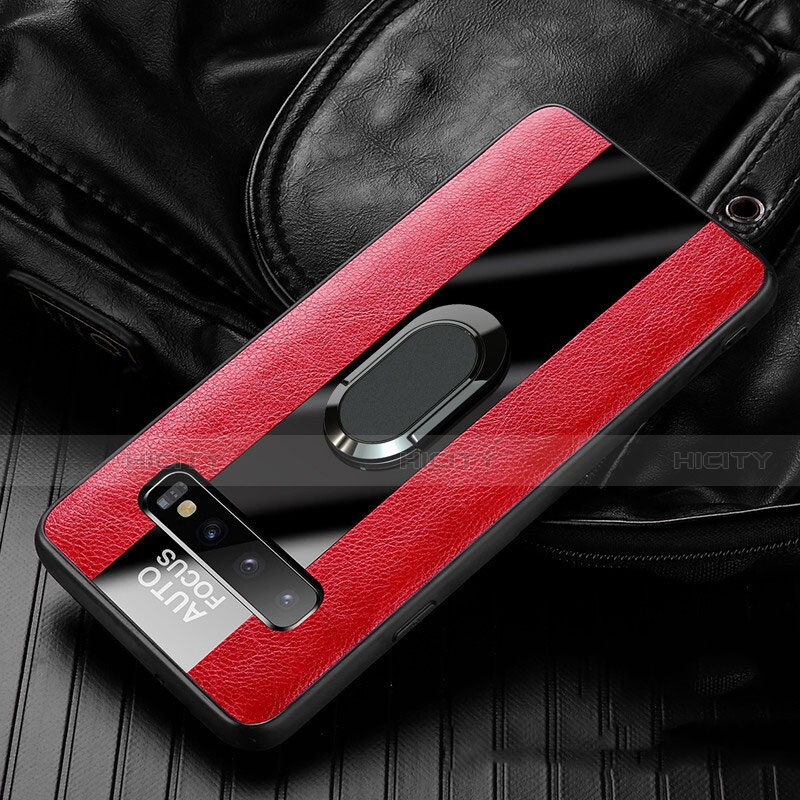 Coque Silicone Gel Motif Cuir Housse Etui avec Support Bague Anneau Aimante Magnetique T01 pour Samsung Galaxy S10 Plus Rouge Plus