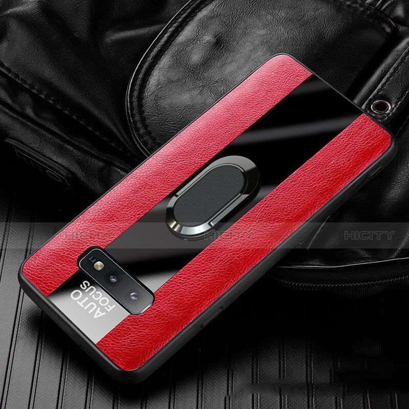 Coque Silicone Gel Motif Cuir Housse Etui avec Support Bague Anneau Aimante Magnetique T01 pour Samsung Galaxy S10e Rouge Plus