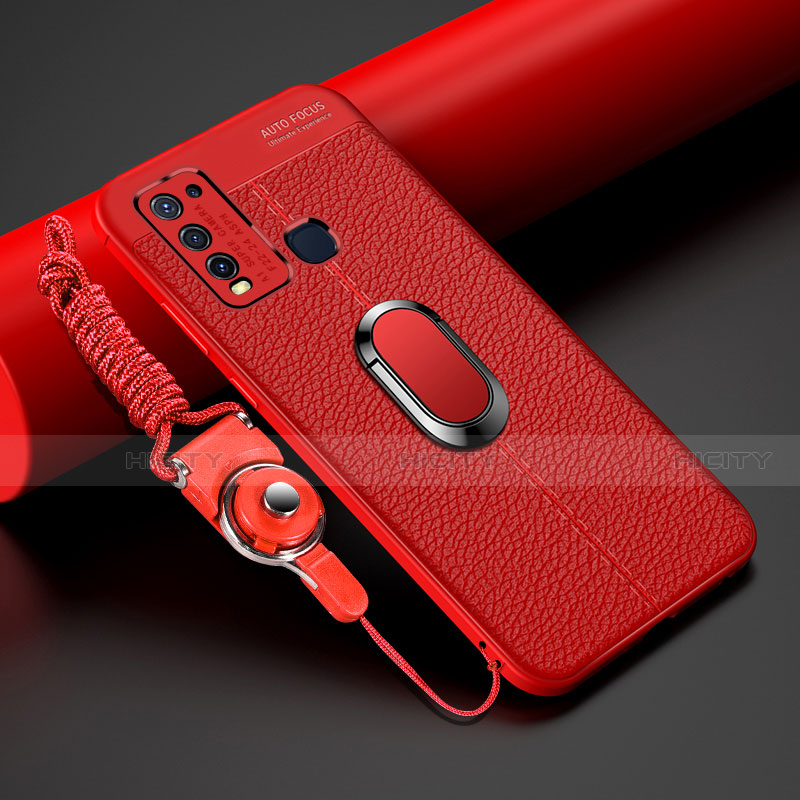 Coque Silicone Gel Motif Cuir Housse Etui avec Support Bague Anneau Aimante Magnetique T01 pour Vivo Y50 Rouge Plus