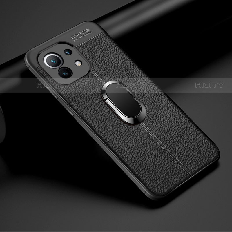 Coque Silicone Gel Motif Cuir Housse Etui avec Support Bague Anneau Aimante Magnetique T01 pour Xiaomi Mi 11 5G Noir Plus