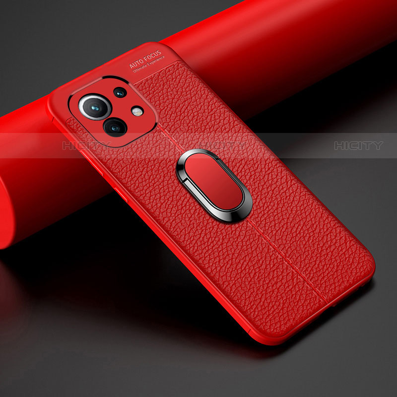 Coque Silicone Gel Motif Cuir Housse Etui avec Support Bague Anneau Aimante Magnetique T01 pour Xiaomi Mi 11 Lite 4G Rouge Plus