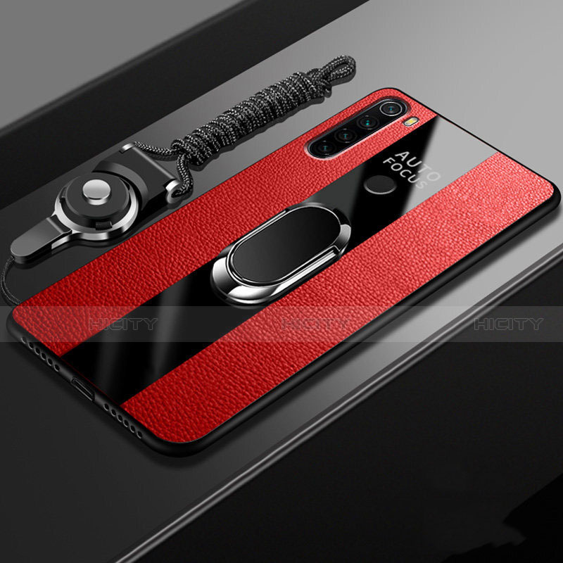 Coque Silicone Gel Motif Cuir Housse Etui avec Support Bague Anneau Aimante Magnetique T01 pour Xiaomi Redmi Note 8 (2021) Rouge Plus