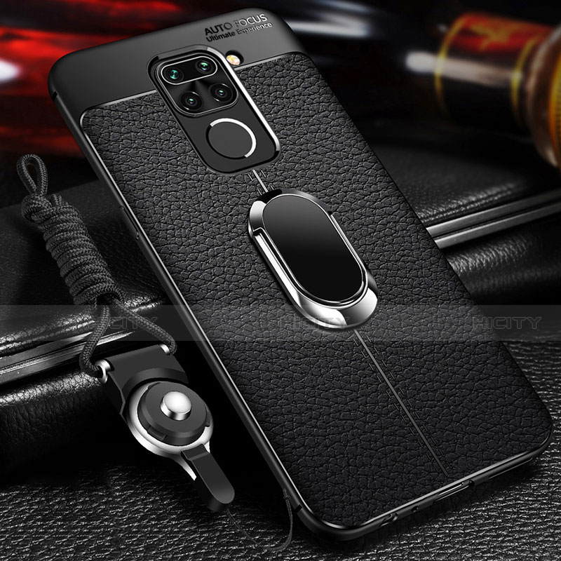 Coque Silicone Gel Motif Cuir Housse Etui avec Support Bague Anneau Aimante Magnetique T01 pour Xiaomi Redmi Note 9 Noir Plus