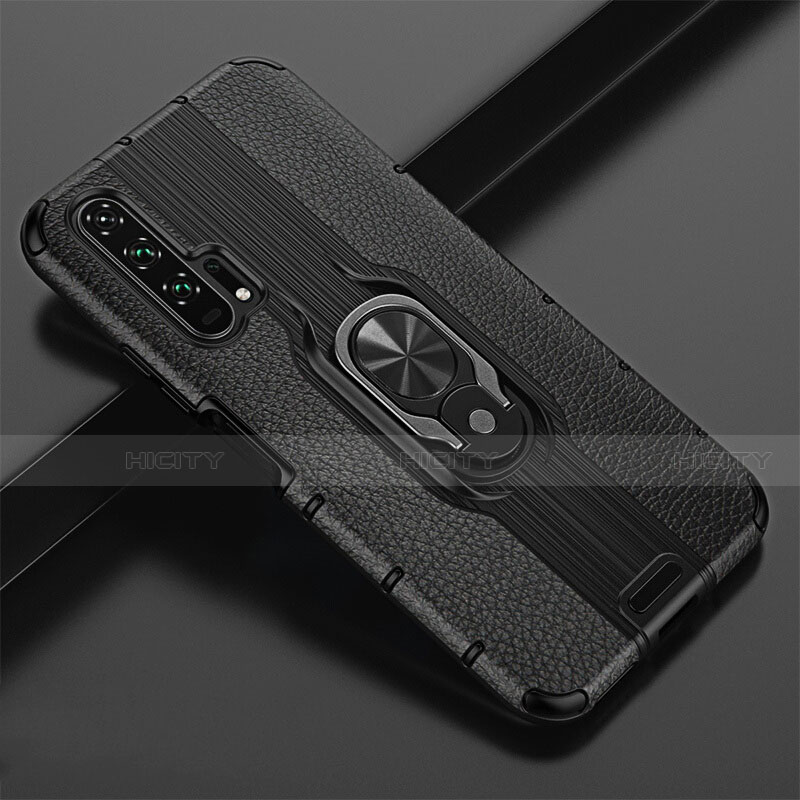 Coque Silicone Gel Motif Cuir Housse Etui avec Support Bague Anneau Aimante Magnetique T02 pour Huawei Honor 20 Pro Noir Plus