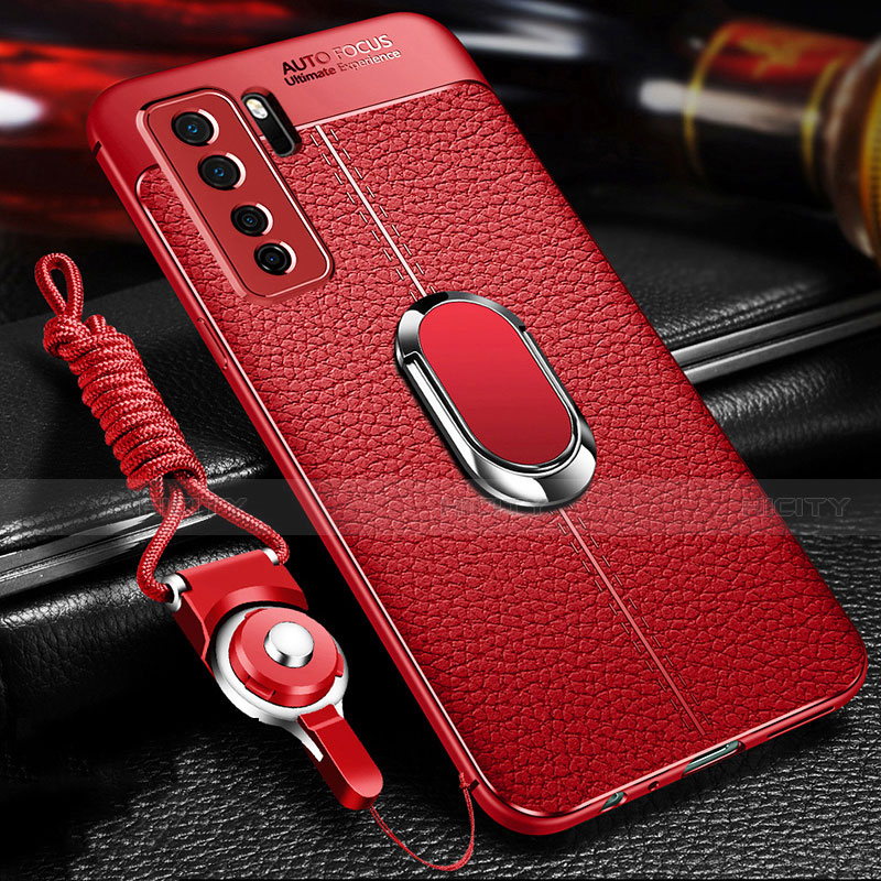 Coque Silicone Gel Motif Cuir Housse Etui avec Support Bague Anneau Aimante Magnetique T02 pour Huawei Nova 7 SE 5G Rouge Plus