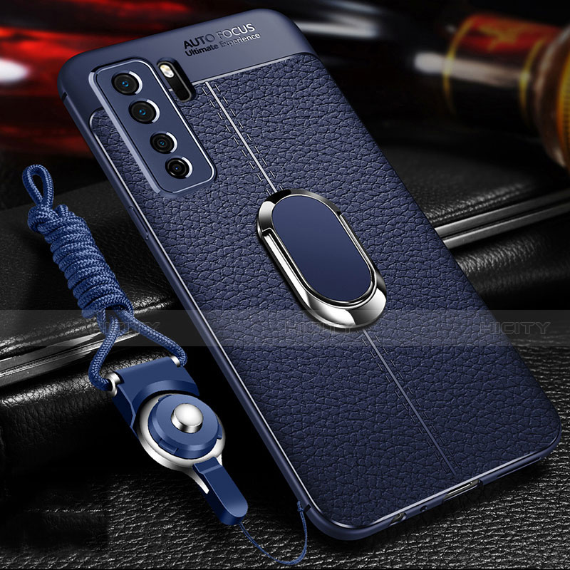 Coque Silicone Gel Motif Cuir Housse Etui avec Support Bague Anneau Aimante Magnetique T02 pour Huawei P40 Lite 5G Bleu Plus