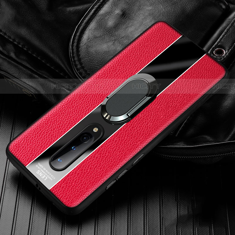 Coque Silicone Gel Motif Cuir Housse Etui avec Support Bague Anneau Aimante Magnetique T02 pour OnePlus 8 Rouge Plus