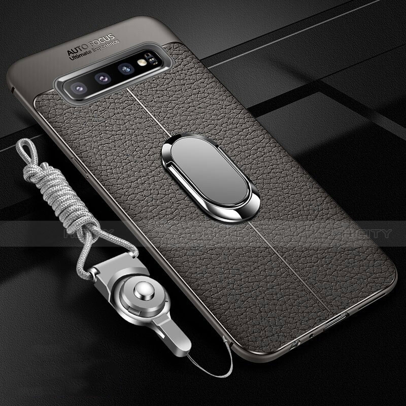 Coque Silicone Gel Motif Cuir Housse Etui avec Support Bague Anneau Aimante Magnetique T02 pour Samsung Galaxy S10 5G Gris Plus