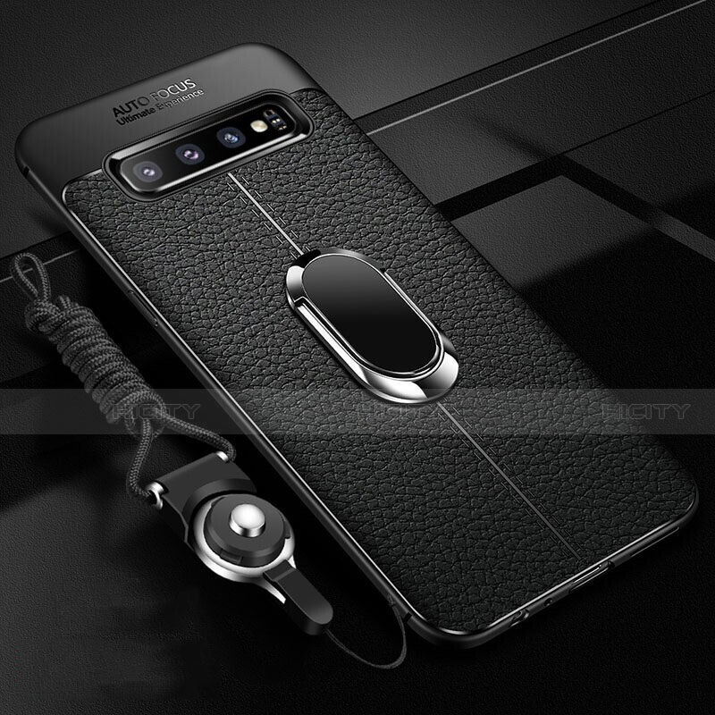 Coque Silicone Gel Motif Cuir Housse Etui avec Support Bague Anneau Aimante Magnetique T02 pour Samsung Galaxy S10 5G Noir Plus