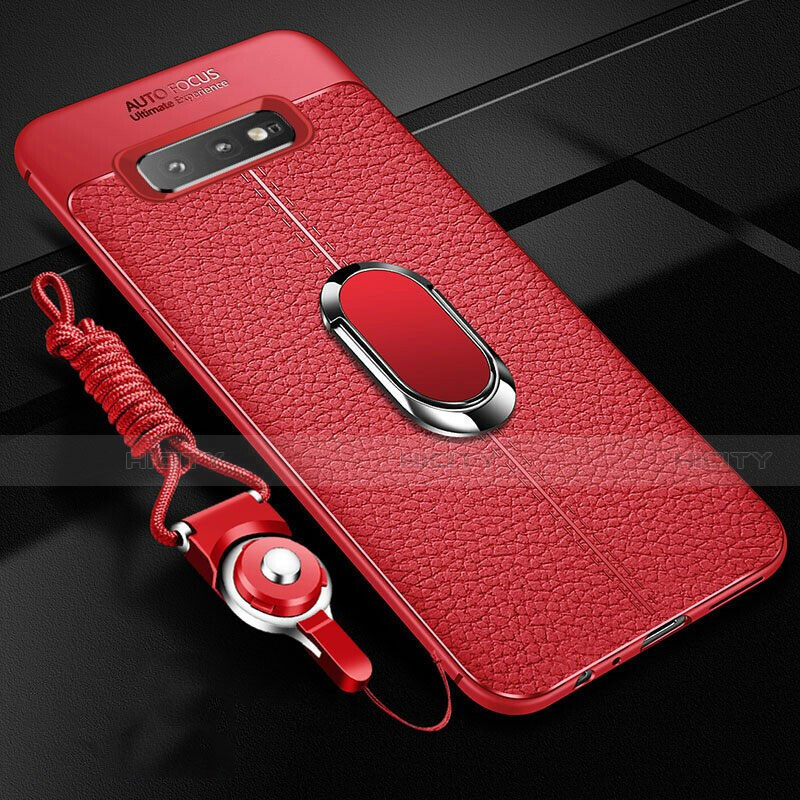 Coque Silicone Gel Motif Cuir Housse Etui avec Support Bague Anneau Aimante Magnetique T02 pour Samsung Galaxy S10 Plus Rouge Plus