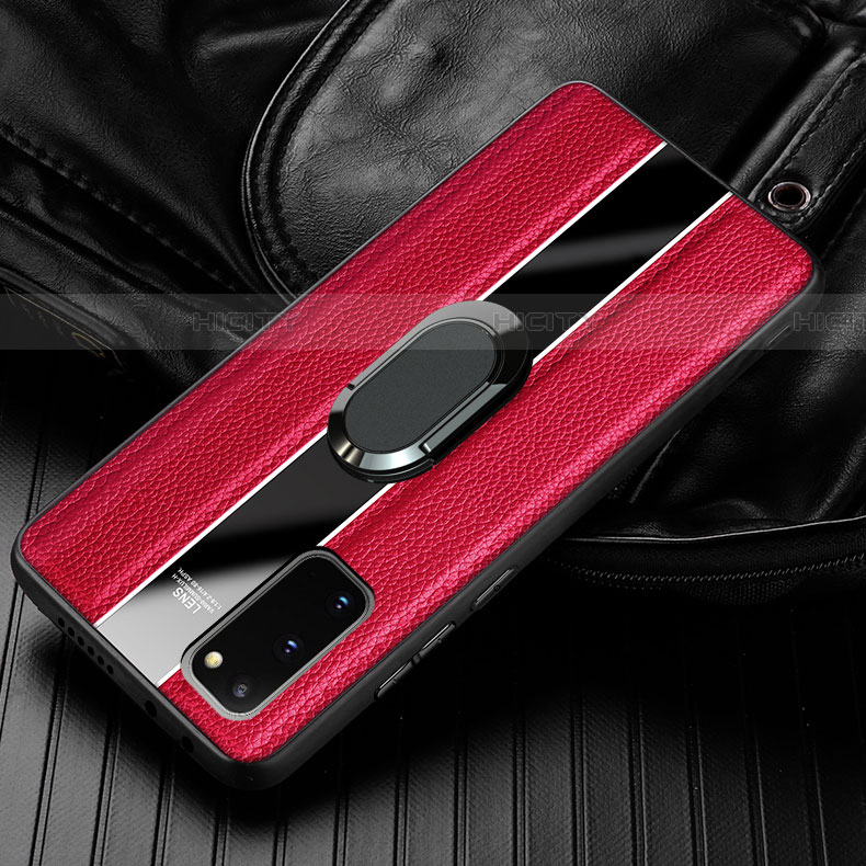 Coque Silicone Gel Motif Cuir Housse Etui avec Support Bague Anneau Aimante Magnetique T02 pour Samsung Galaxy S20 5G Rouge Plus