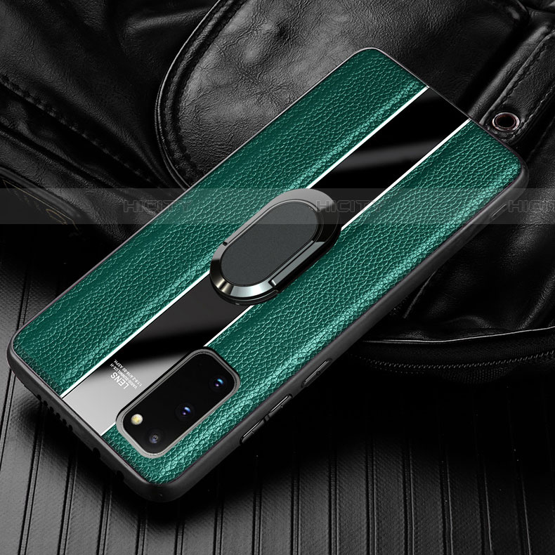 Coque Silicone Gel Motif Cuir Housse Etui avec Support Bague Anneau Aimante Magnetique T02 pour Samsung Galaxy S20 5G Vert Plus