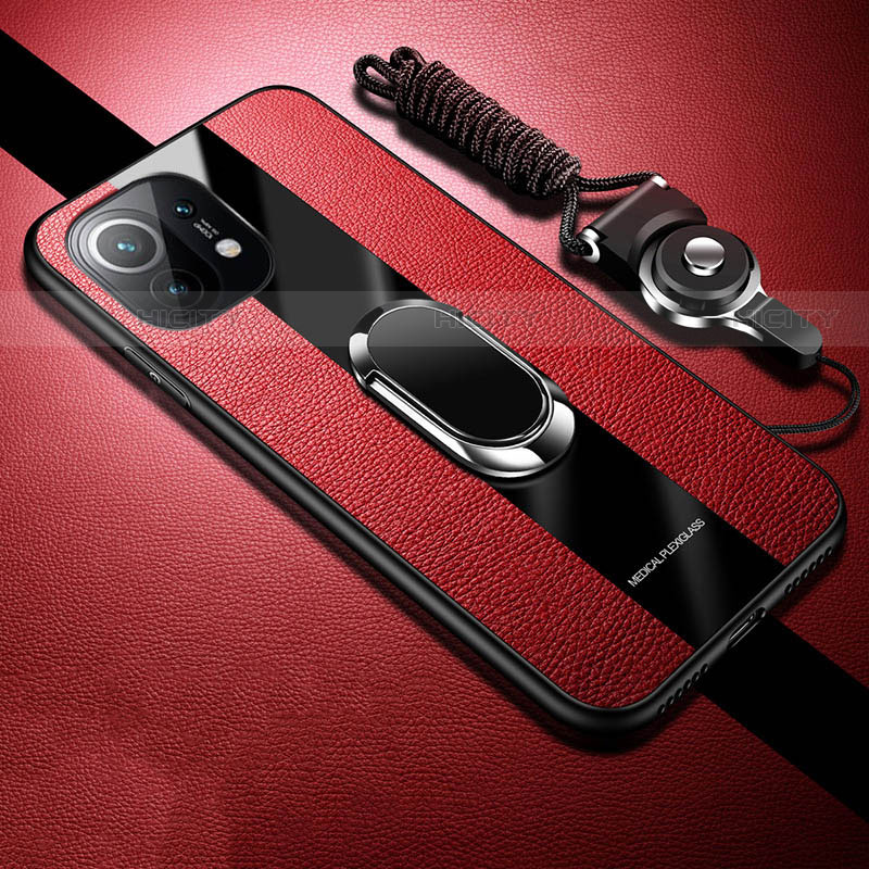 Coque Silicone Gel Motif Cuir Housse Etui avec Support Bague Anneau Aimante Magnetique T02 pour Xiaomi Mi 11 5G Rouge Plus