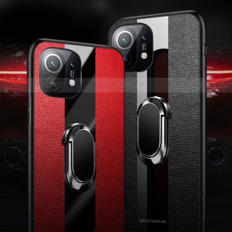 Coque Silicone Gel Motif Cuir Housse Etui avec Support Bague Anneau Aimante Magnetique T02 pour Xiaomi Mi 11 Lite 4G Plus