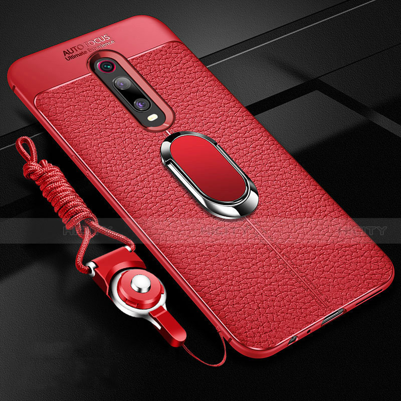 Coque Silicone Gel Motif Cuir Housse Etui avec Support Bague Anneau Aimante Magnetique T02 pour Xiaomi Mi 9T Rouge Plus