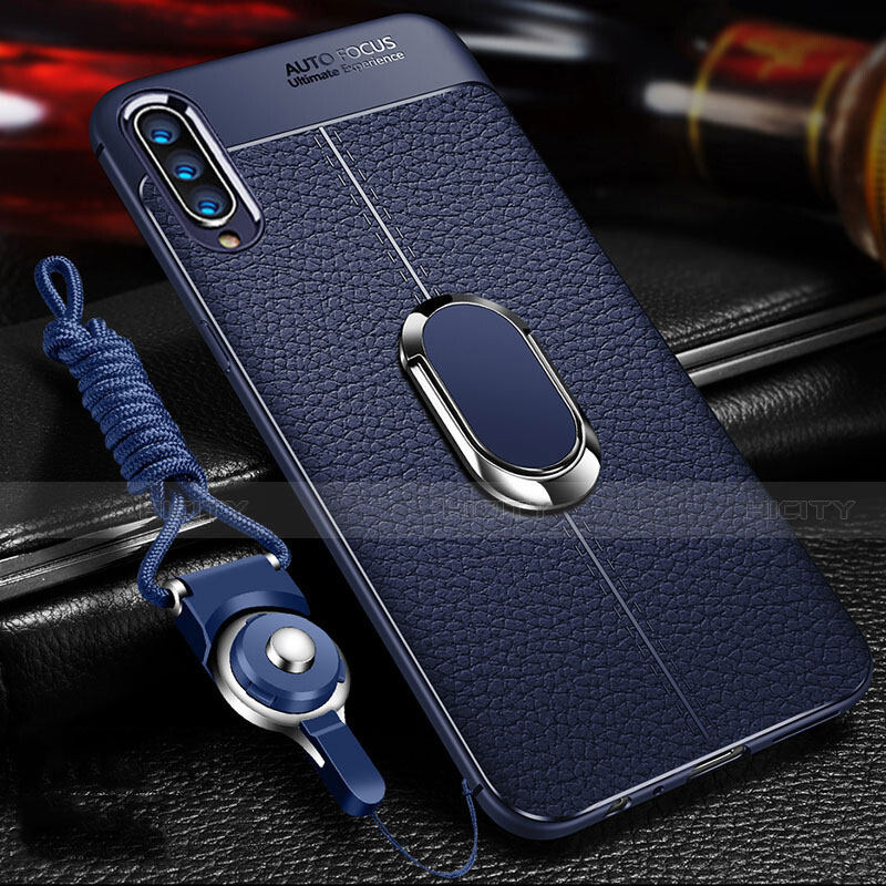 Coque Silicone Gel Motif Cuir Housse Etui avec Support Bague Anneau Aimante Magnetique T02 pour Xiaomi Mi A3 Bleu Plus